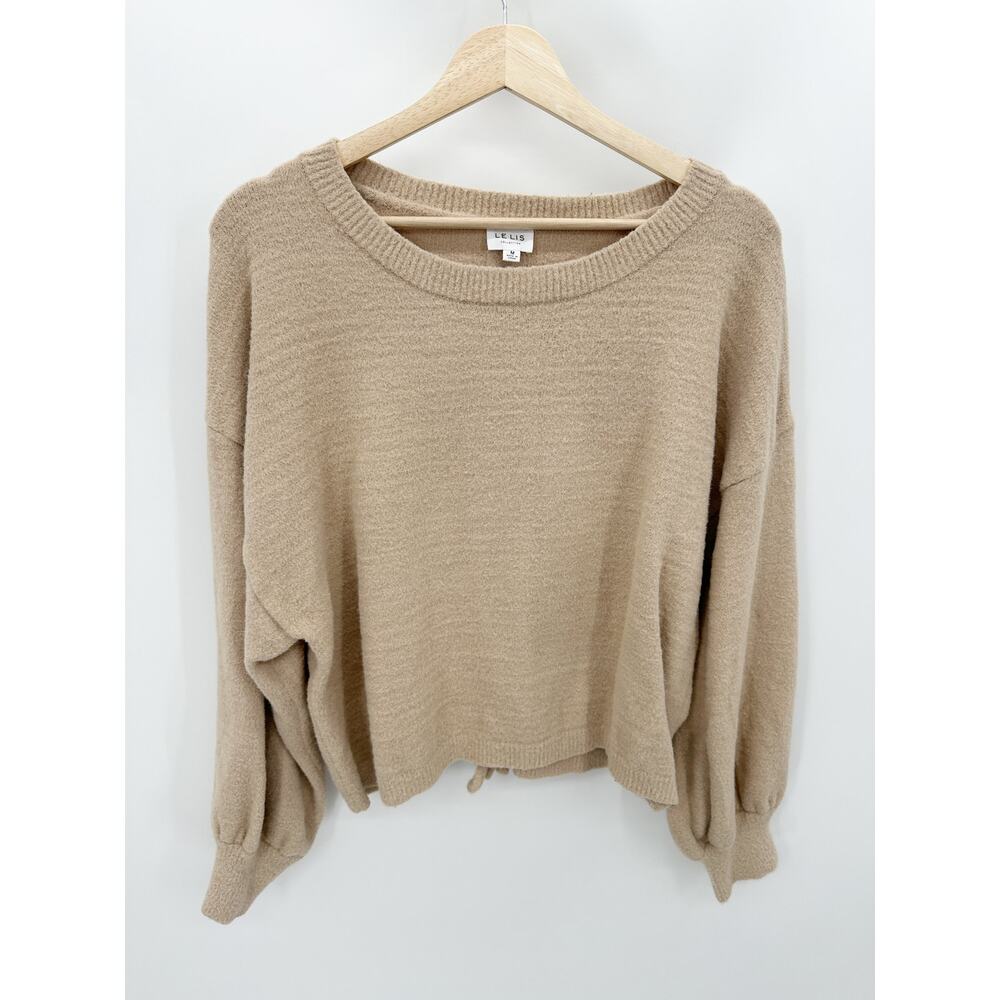 Tan‎ Cinch Back Balloon Sleeve Knit Pullover Sweater M Quiet Luxury Minimal